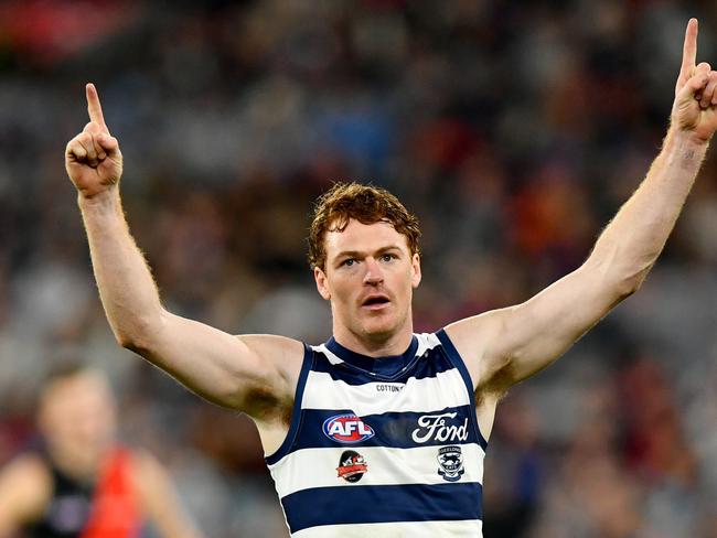 Gary Rohan celebrates a goal in Geelong’s win over Essendon. Picture: Josh Chadwick/AFL Photos/via Getty Images