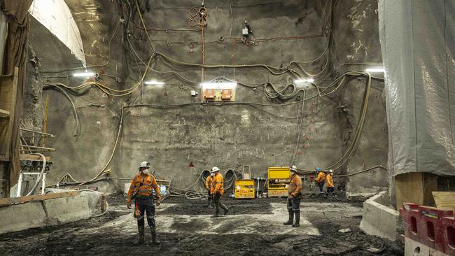 Inside the construction area of the State Library station being built as part of the Metro Tunnel project. Picture: Daniel Pockett