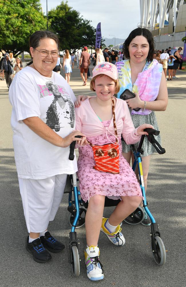 Socials at Pink convert at Townsville's Queensland Country Bank Stadium. Angela Rummeny, Jade Pratt and Nikki Rummeny. Picture: Evan Morgan