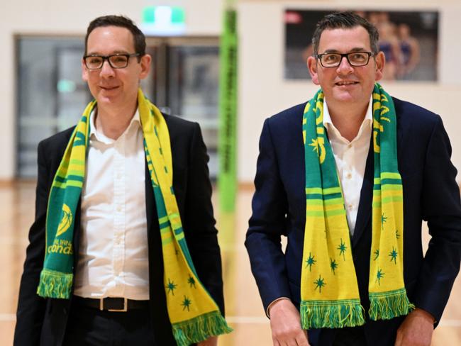 Minister for Tourism, Sport and Major Events, Steve Dimopoulos (left) and Victorian Premier Daniel Andrews ahead of a press conference in Melbourne, Monday, October 31, 2022. Visit Victoria will sponsor Netball Australia for the next four and a half years in a $15m deal announced today. (AAP Image/James Ross) NO ARCHIVING