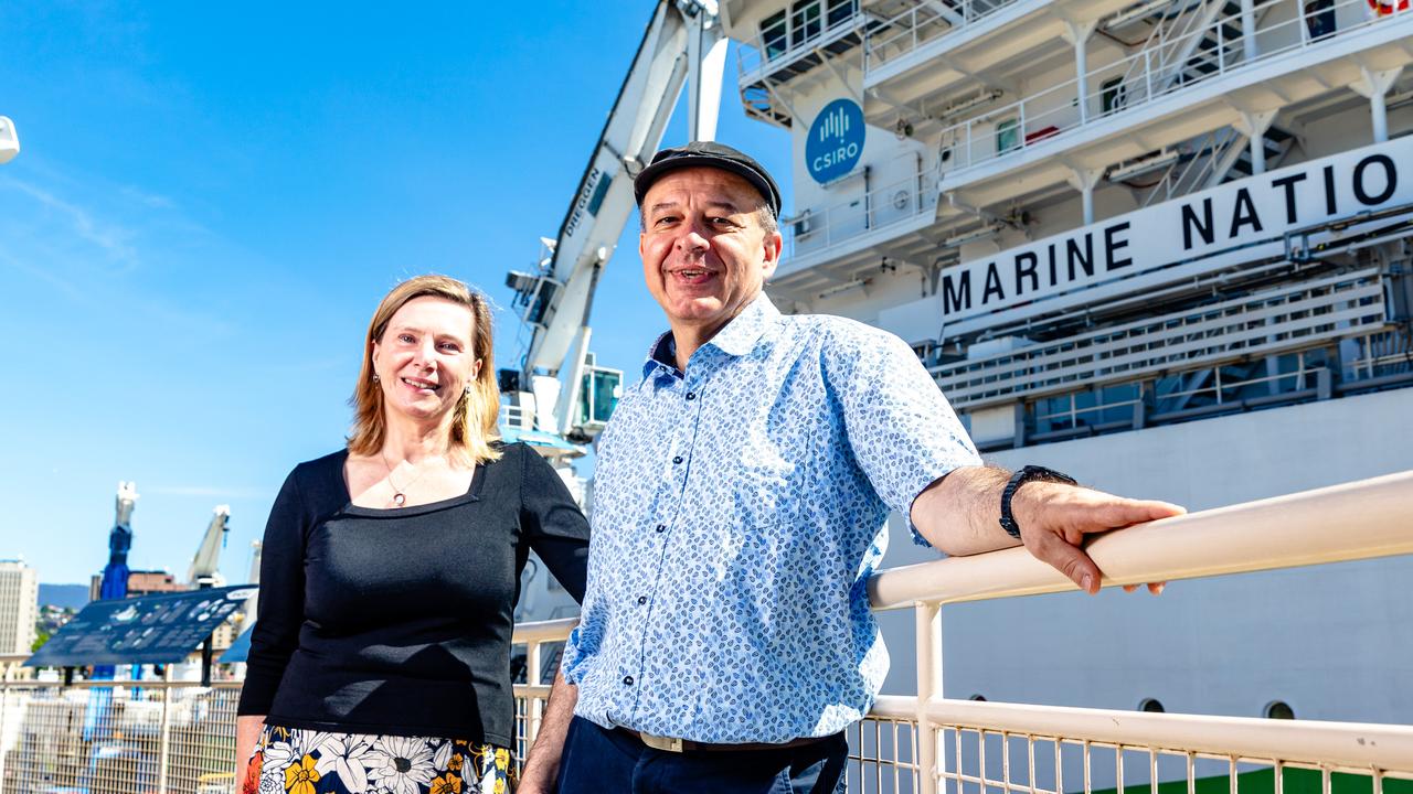 UTAS Australian Antarctic Program Partnership voyage co-chief scientist Associate Professor Helen Phillips and CSIRO voyage co-chief scientist Dr Benoit Legresy. Picture: Linda Higginson