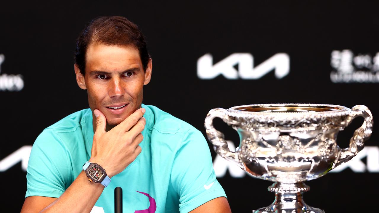 Rafael Nadal of Spain speaks to the media late on Sunday night. Getty Images