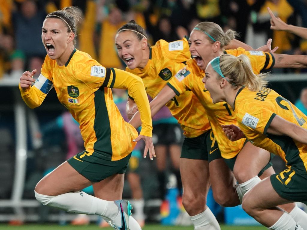 Steph Catley (L) celebrates after scoring a penalty in the Matildas’ 1-0 win over Ireland on Thursday. Picture: Getty