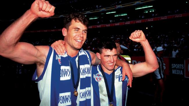 Wayne Carey and Anthony Stevens in 1996 after their premiership, but things went sour for the pair not long after.