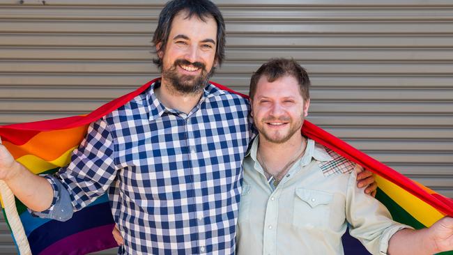 Doug McDougall and Jordan Braver, from Alice Springs, will be voting yes in the same-sex marriage survey. Picture: Emma Murray.