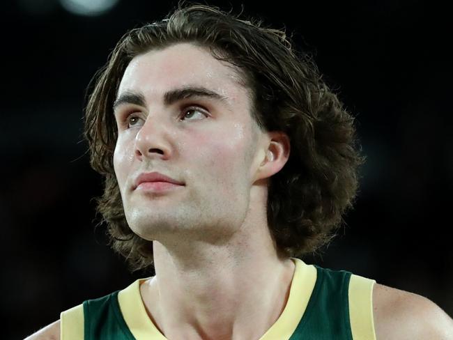 MELBOURNE, AUSTRALIA - AUGUST 14: Josh Giddey of the Boomers looks on during the match between Australia Boomers and Venezuela at Rod Laver Arena on August 14, 2023 in Melbourne, Australia. (Photo by Kelly Defina/Getty Images)
