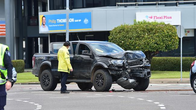 A stolen car crash involving 3 cars on the corner of Ross River Road and Nathan Street. Picture: Shae Beplate.