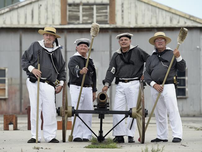 Canon Firing at Seaworks. Confederate cruiser CSS Shenandoah re-enactment group Crew of Australia, Stuart Duff, Ron Lowe, Owen Clarke and Shane Taylor. Picture: Andy Brownbill