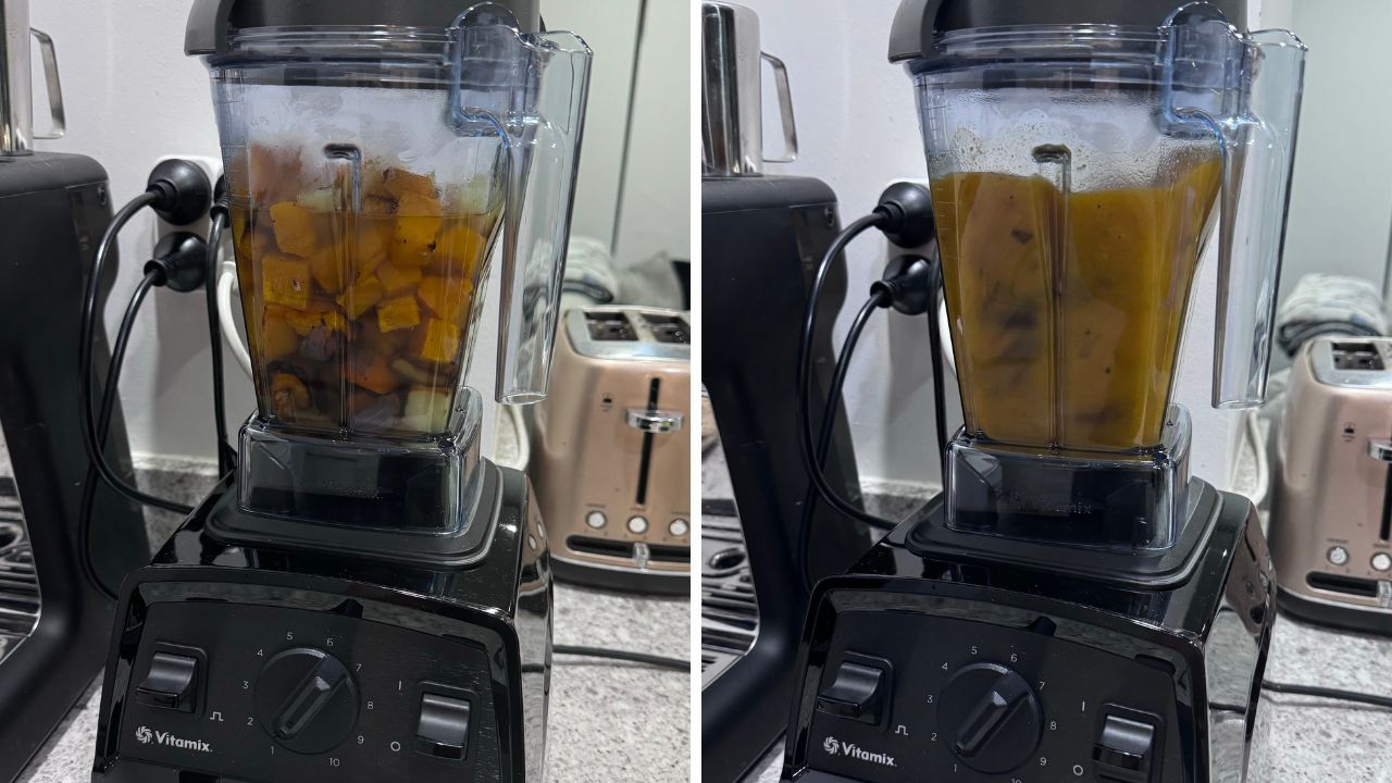 Before (left) and after (right) blending a big batch of vegetables. Picture: Lauren Chaplin/news.com.au.