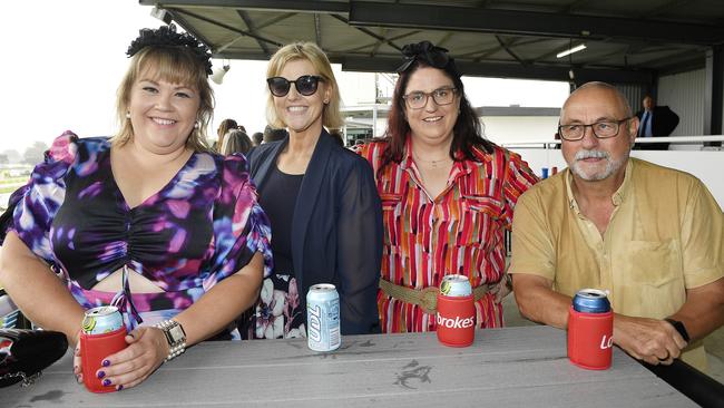 The Ladbrokes 2024 Moe Cup is held at Moe Horse Racing Club, Moe Victoria, Friday 18th October 2024. Racegoers Nicole, Amy, Simone and Pete enjoying the races.Picture: Andrew Batsch