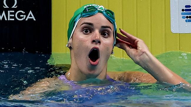 Kaylee McKeown reacts to her world record swim, which gives her a historic sweep of the backstroke discipline. Picture: Getty