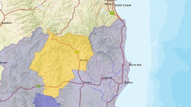 The Kyogle Council region is listed as amber, indicating an interstate exposure venue.