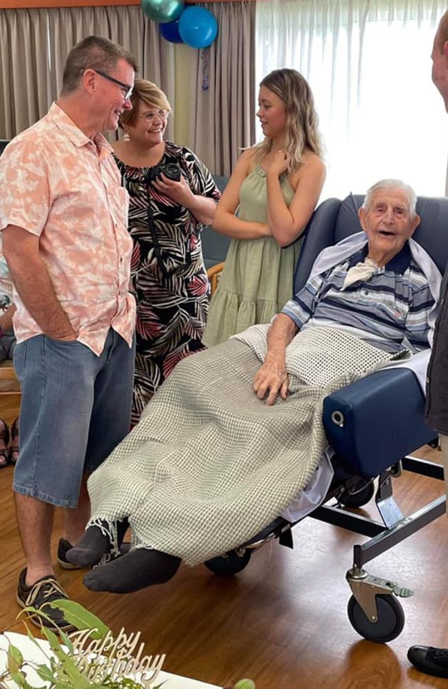 Mackay World War II veteran Peter George Holack recently celebrated his 100th birthday with family and friends. He is pictured with grandson Chris Breckell (left), granddaughter Mikeely Breckell and great grandson Dylan Breckell. Picture: Contributed