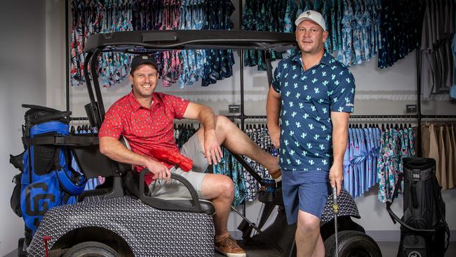 Golf Gods directors Shaun Trevillian and Dale Smedley, the Adelaide larrikins who founded a novelty golf company that’s become a global hit. Picture Emma Brasier