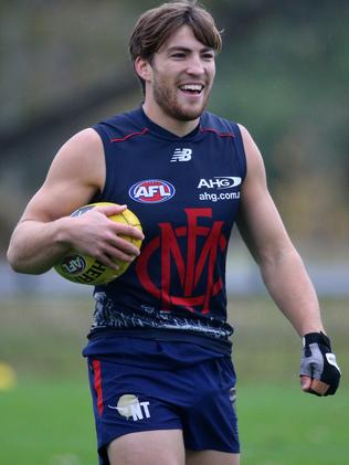 Jack Viney all smiles as he’s been named to return for Melbourne on Queen’s Birthday. Picture: Mark Dadswell