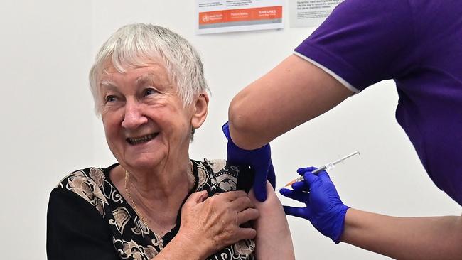 Jane Malysiak became the first person in Australia to receive a dose of the Pfizer/BioNTech Covid-19 vaccine in February. Picture: Steven Saphore/AFP