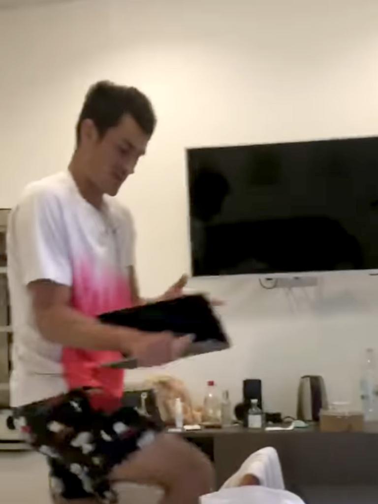 Bernard Tomic is filmed by his girlfriend Vanessa Sierra having a tantrum, smashing her laptop and phone. Picture: Instagram.