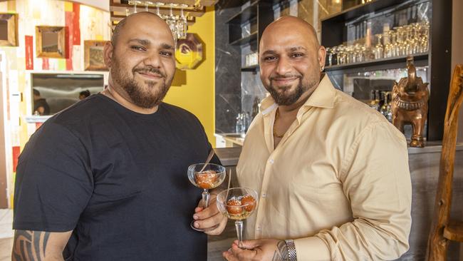 Harry Singh (left) and Sunny Singh from Masala Hut Indian restaurant. Monday, October 4, 2021. Picture: Nev Madsen.