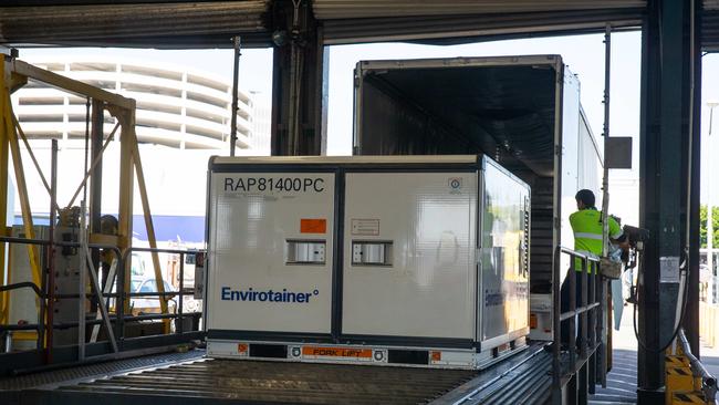 The first shipment of the AstraZeneca COVID-19 vaccines arrive at Sydney International airport. Picture: Edwina Pickles.