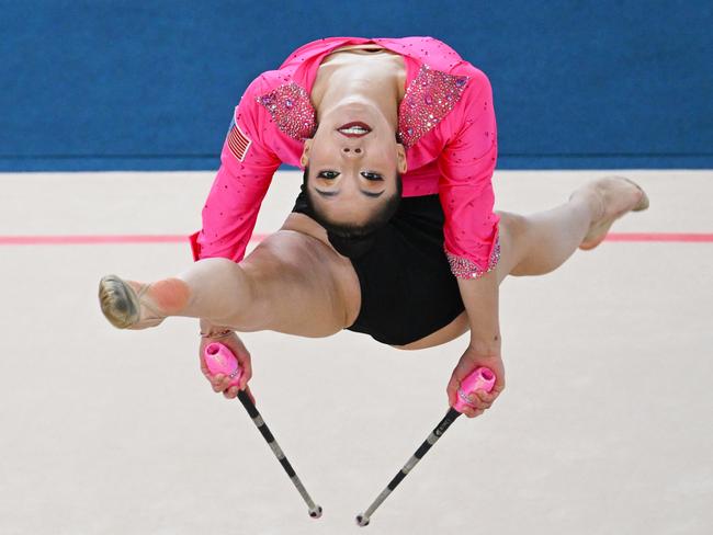 Lili Mizuno of the USA competes in rhythmic gymnastics at the Pan American Games Santiago 2023. Picture: Raul Arboleda/AFP