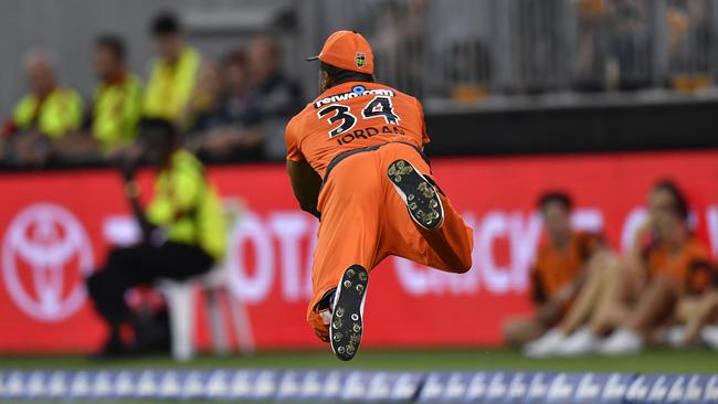 Chris Jordan took the catch of the summer against the Melbourne Renegades. Picture: Getty Images