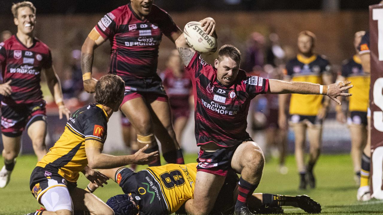 Todd White celebrates his try for Valleys against Gatton in TRL Hutchinson Builders A-grade grand final rugby league at Toowoomba Sports Ground, Saturday, September 14, 2024. Picture: Kevin Farmer