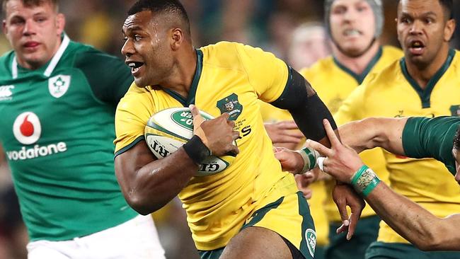 SYDNEY, AUSTRALIA - JUNE 23: Samu Kerevi of the Wallabies makes a break during the Third International Test match between the Australian Wallabies and Ireland at Allianz Stadium on June 23, 2018 in Sydney, Australia. (Photo by Mark Kolbe/Getty Images)