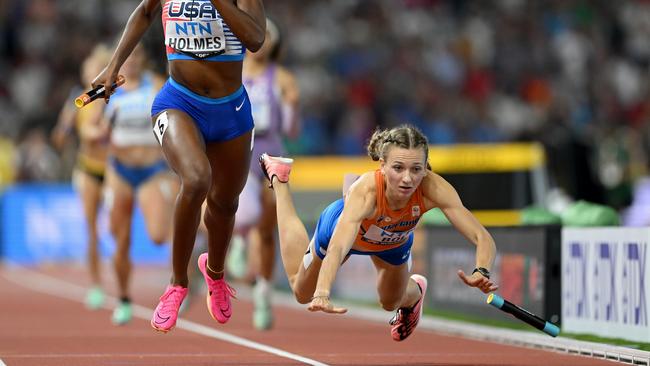 Femke Bol appeared to hit her head in the fall. Photo by Shaun Botterill/Getty Images)