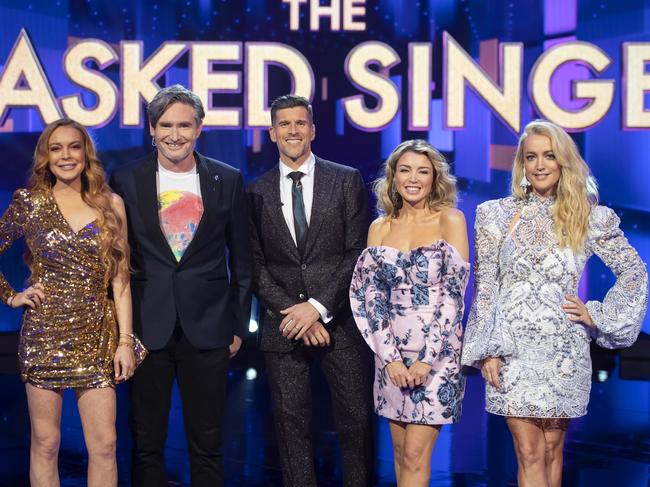 They’re all returning! The Masked Singer judges Lindsay Lohan, Dave Hughes, host Osher Günsberg, Dannii Minogue and Jackie O. Picture: Ten