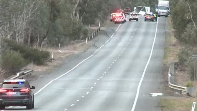 Three have died in a multi-vehicle collision in Armstrong, Victoria today, with the driver of the car and the two occupants of the truck dying on the scene. Picture: ABC News