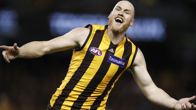 Jarryd Roughead of the Hawks celebrates a goal during his final game against the Suns on August 18. Picture: AAP