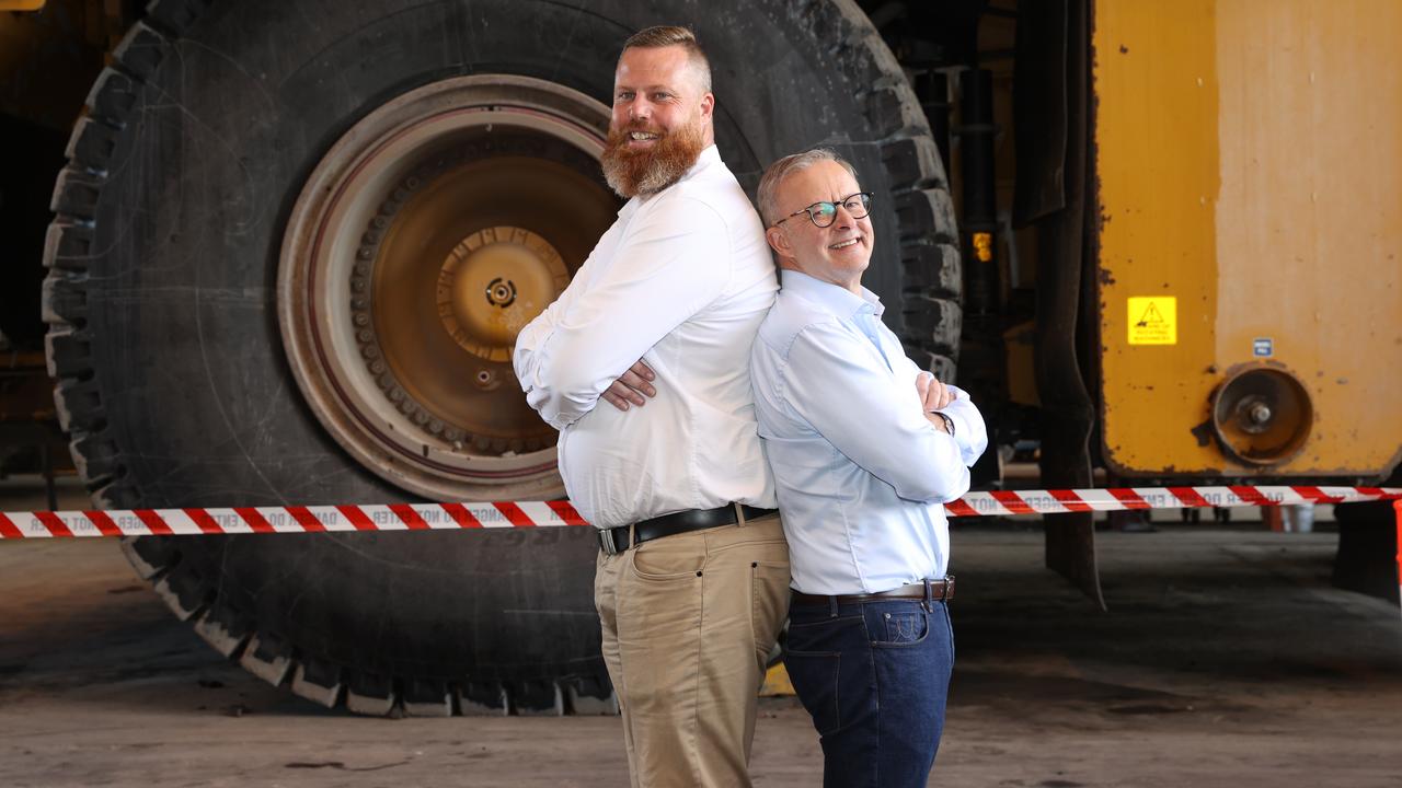 Labor leader Anthony Albanese visits Mount Thorley Warkworth mine in regional New South Wales, pictured with Labor candidate for Hunter Dan Repacholi. Picture: Toby Zerna