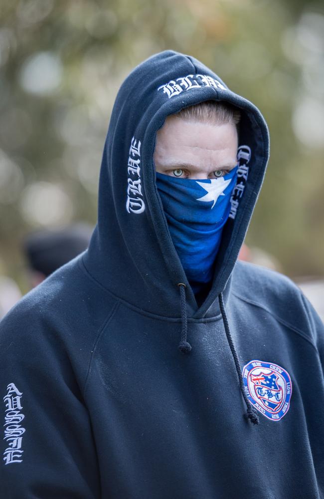 A True Blue Crew member at a rally against Islam with the United Patriots Front. Picture: Jake Nowakowski