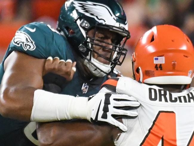 CLEVELAND, OH - AUGUST 23, 2018: Offensive tackle Jordan Mailata #68 of the Philadelphia Eagles engages defensive end Nate Orchard #44 of the Cleveland Browns in the fourth quarter of a preseason game on August 23, 2018 at FirstEnergy Stadium in Cleveland, Ohio. Cleveland won 5-0. (Photo by: 2018 Nick Cammett/Diamond Images/Getty Images)