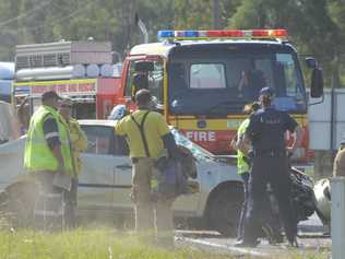 A man is lucky to escape this crash on the Warrego Hwy at Hatton Vale. Picture: Derek Barry