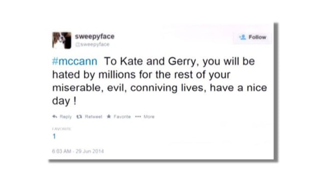 One of Brenda's Tweets directed at the McCanns. Image: Twitter / @sweepyface