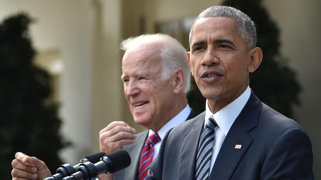 Barack Obama and Joe Biden address the nation after the shock election of Donald Trump in Novembr 2016. Picture: AFP