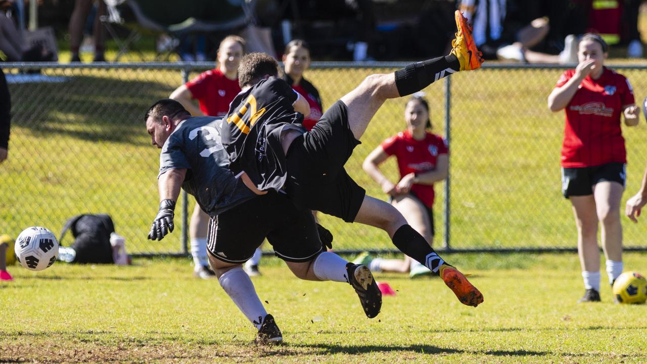 Willowburn keeper Alex Saunders (left) against Stewart Baker of West Wanderers in U23 men FQ Darling Downs Presidents Cup football at West Wanderers, Sunday, July 24, 2022. Picture: Kevin Farmer