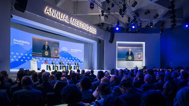 Donald Trump addresses the World Economic Forum (WEF) by video. Picture: AFP.