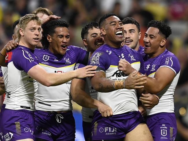 TOWNSVILLE, AUSTRALIA - AUGUST 29: Lazarus Vaalepu of the Storm celebrates after scoring a try  during the round 26 NRL match between North Queensland Cowboys and Melbourne Storm at Qld Country Bank Stadium, on August 29, 2024, in Townsville, Australia. (Photo by Ian Hitchcock/Getty Images)