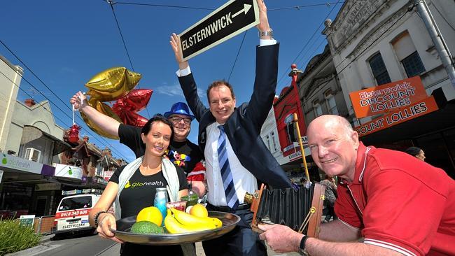 Abbey Fox, Mookey Grinberg, Caulfield MP David Southwick and Graham Deacon on Glenhuntly Rd in Elsternwick.