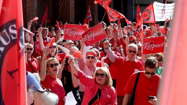 Australian Education Union (AEU) members rally outside the Department of Education building in Adelaide in October. Picture: AAP / Kelly Barnes