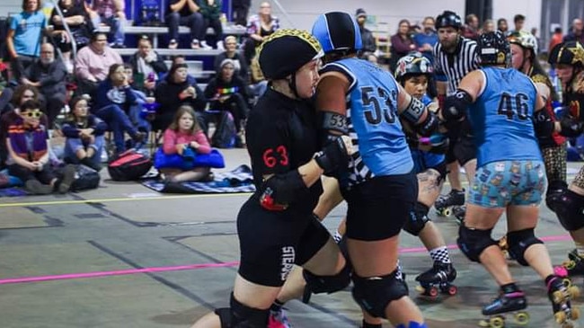 Roller Derby Star Bone Shaker in a bone shattering contest. Picture: Supplied