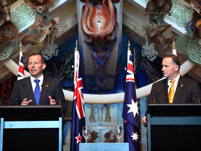 Leaders ... Australian PM Tony Abbott and NZ PM John Key (right) at a press conference at Te Papa Tongarewa Museum of New Zealand, Wellington. Picture: Courtesy of the Prime Minister's Office