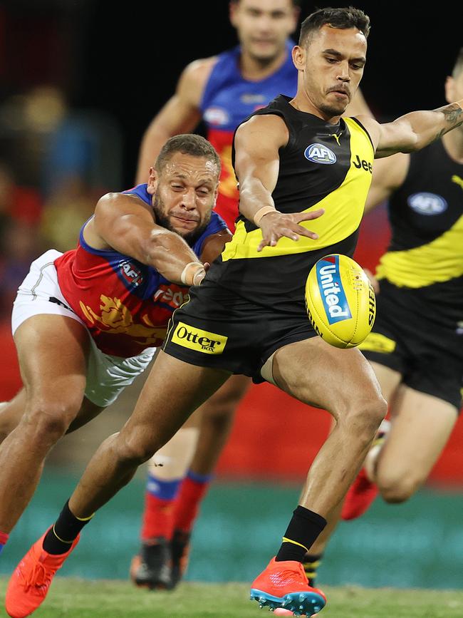 Sydney Stack sends the Tigers into attack against Brisbane. Picture: Michael Klein