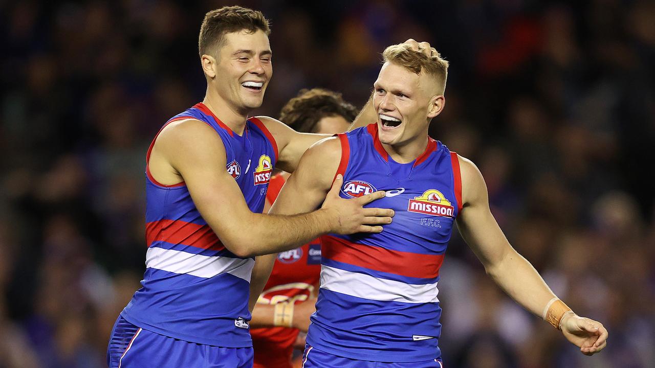 AFL Round 5. 17/04/2021.Western Bulldogs vs Gold Coast Suns at Marvel Stadium, Melbourne. Bulldog Adam Treloar celebrates his goal in the second quarter with Josh Dunkley . Pic: Michael Klein