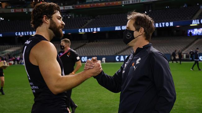 Teague and Levi Casboult share a moment after the loss to the Giants. Picture: Getty