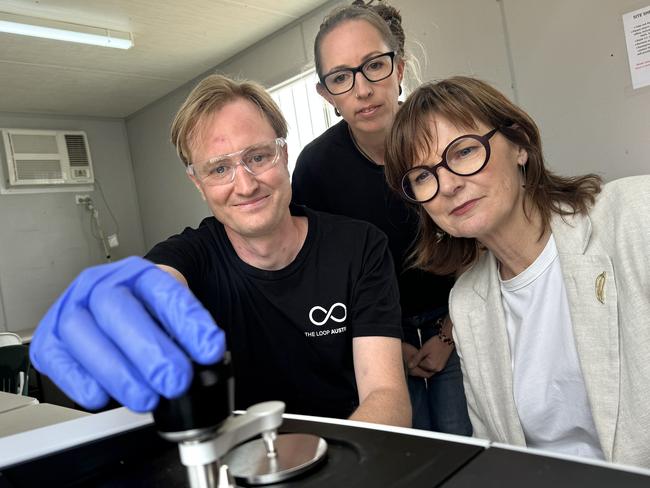 Senior chemist Jacob Fry, drug checking director Sarah Hiley and Acting Minister for Mental Health Mary-Anne Thomas at the pill testing trial facilities at Beyond The Valley. Picture: Alison Wynd