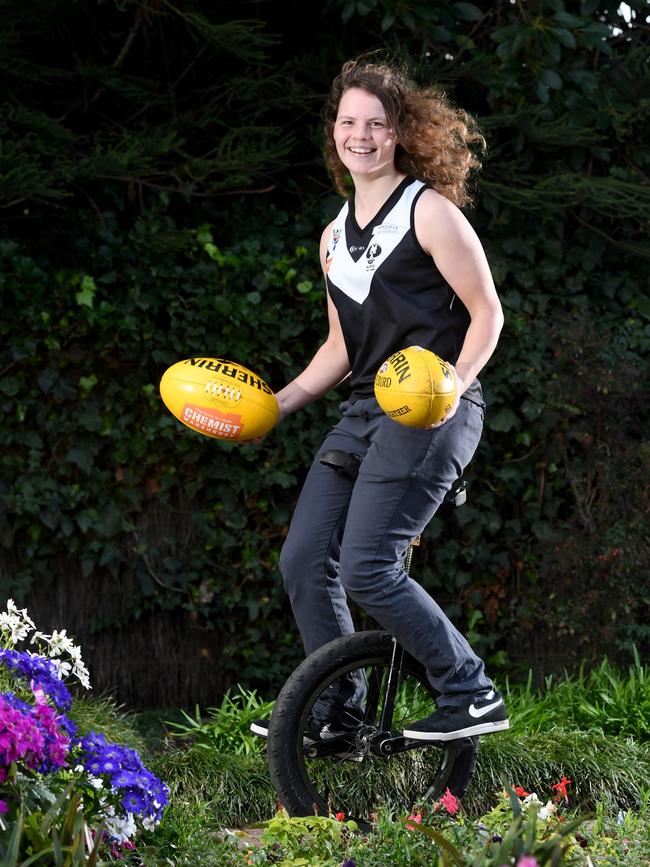 Ebony O'Dea pictured in 2016 after being named the Adelaide Footy League women’s rookie of the year. She won the award despite missing four games with Adelaide University to go the unicycle world championships. Picture: Tricia Watkinson