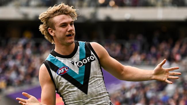 Jason Horne-Francis and Port Adelaide’s young midfield stars carry the Power’s hopes. Picture: Daniel Carson/AFL Photos via Getty Images